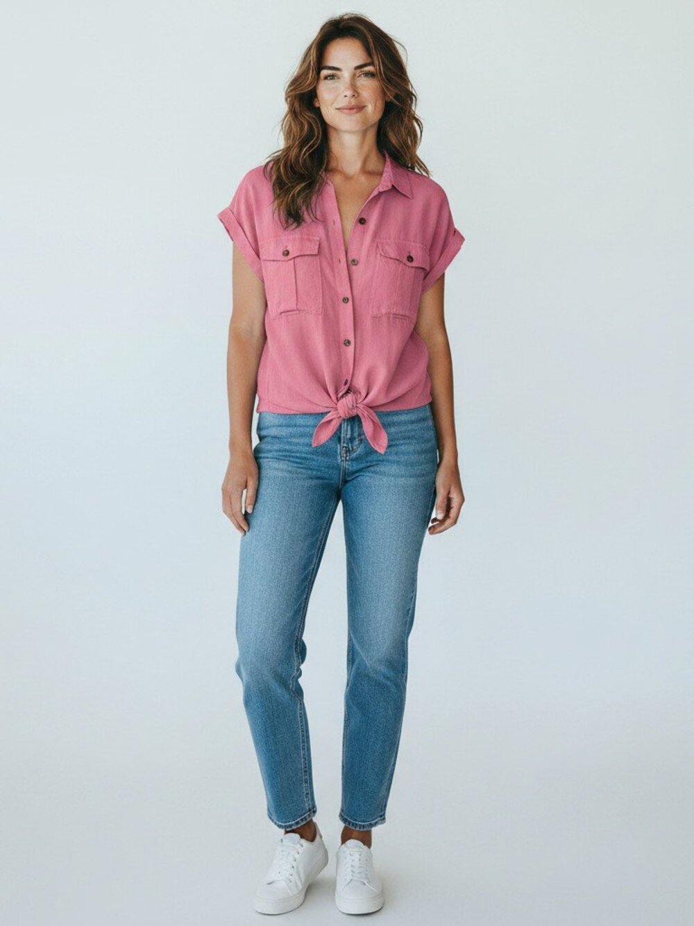 Love Tree Pink Tencel Button Front Utility Shirt Top Size Large